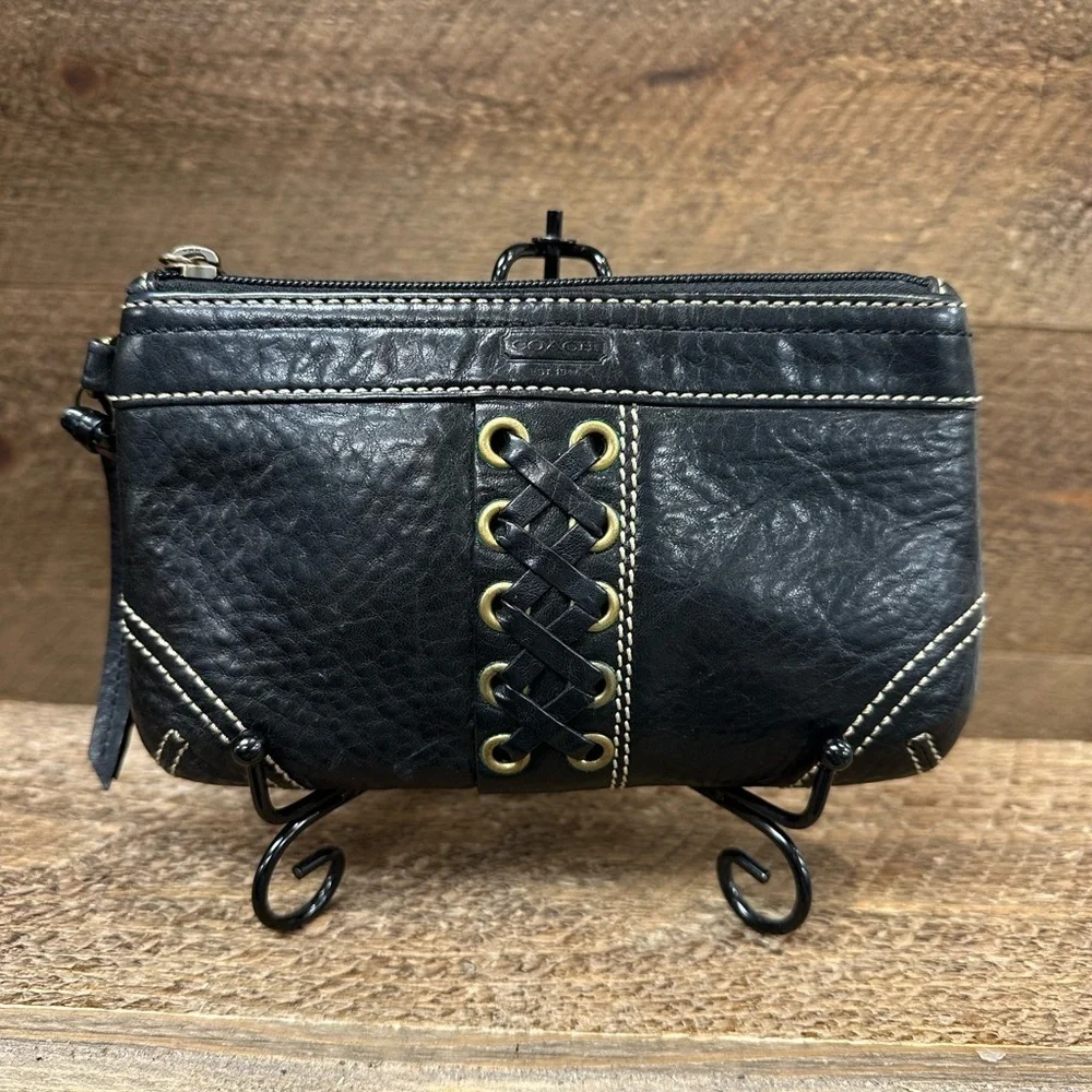 Coach Black Leather Wristlet – Braided Lace-Up
